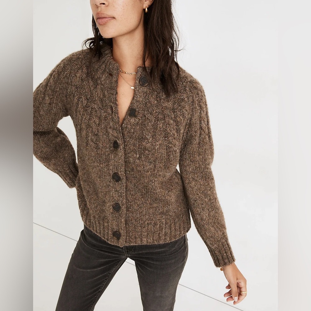 Madewell Hardwood Cable Knit Mockneck Cardigan Sweater
